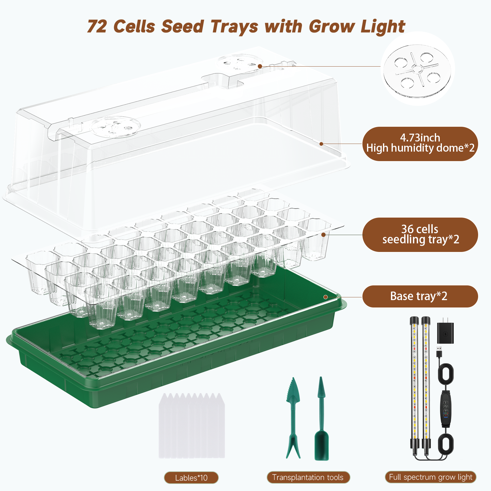 72 Cells Seed Starter Tray with Grow Light, Seed Starter Kit Full Spectrum with 5 Dimmable Brightness & Timer, Indoor Plant Grow Tray for Beginners & Seasoned Gardeners, Gardening Gifts